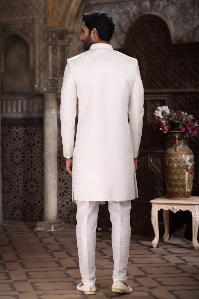 Premium White Banarasi Jacquard Indo Western Set for Men with Aligarhi Pant Kurta Pajama Wholesale