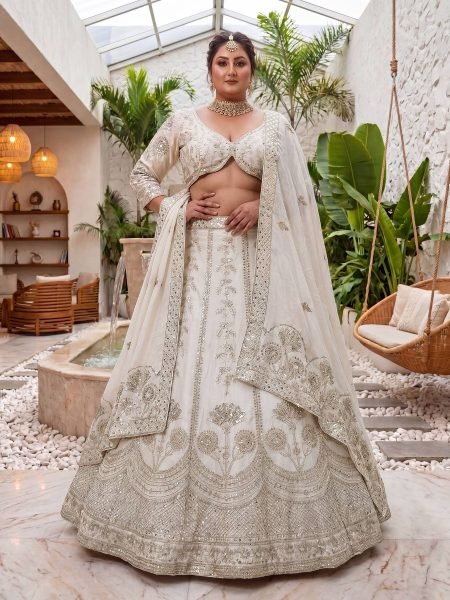 Premium White Chinon Silk Lehenga Set for Weddings and Festive Occasions 