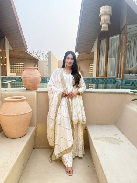 Premium White CP Vichitra Silk Sharara Set with Lace Border Dupatta For Wedding Special  Ready To Wear Suit