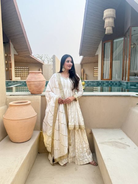 Premium White CP Vichitra Silk Sharara Set with Lace Border Dupatta For Wedding Special  Ready To Wear Collection