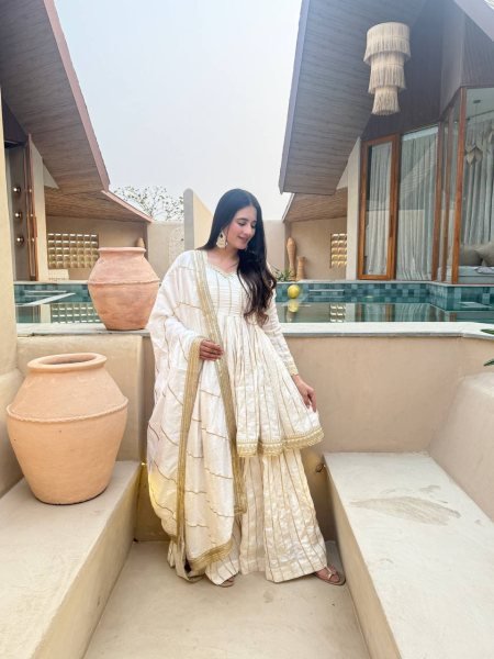 Premium White CP Vichitra Silk Sharara Set with Lace Border Dupatta For Wedding Special  Ready To Wear Collection