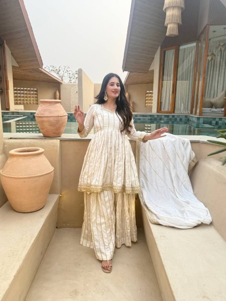 Premium White CP Vichitra Silk Sharara Set with Lace Border Dupatta For Wedding Special  Ready To Wear Collection