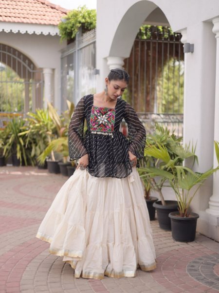 Premium White Designer Navratri Kora Cotton Lehenga Choli with Black Laheriya Print Top  Lehenga