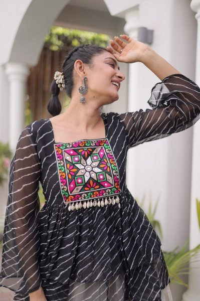 Premium White Designer Navratri Kora Cotton Lehenga Choli with Black Laheriya Print Top Navratri Lehnega Choli