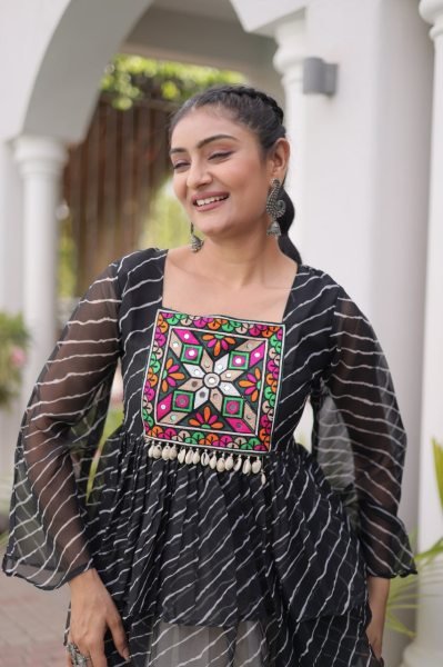 Premium White Designer Navratri Kora Cotton Lehenga Choli with Black Laheriya Print Top Navratri Lehnega Choli