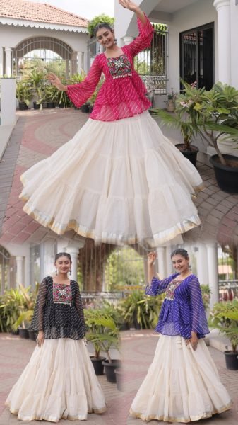 Premium White Designer Navratri Kora Cotton Lehenga Choli with Black Laheriya Print Top Navratri Lehnega Choli