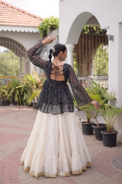 Premium White Designer Navratri Kora Cotton Lehenga Choli with Black Laheriya Print Top Navratri Lehnega Choli