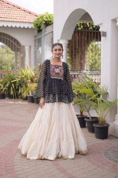 Premium White Designer Navratri Kora Cotton Lehenga Choli with Black Laheriya Print Top Navratri Lehnega Choli