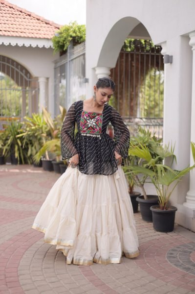 Premium White Designer Navratri Kora Cotton Lehenga Choli with Black Laheriya Print Top Navratri Lehnega Choli