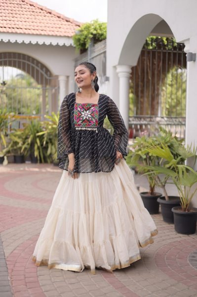 Premium White Designer Navratri Kora Cotton Lehenga Choli with Black Laheriya Print Top Navratri Lehnega Choli