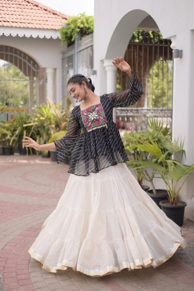 Premium White Designer Navratri Kora Cotton Lehenga Choli with Black Laheriya Print Top Navratri Lehnega Choli