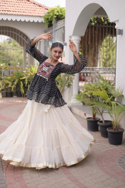 Premium White Designer Navratri Kora Cotton Lehenga Choli with Black Laheriya Print Top Navratri Lehnega Choli