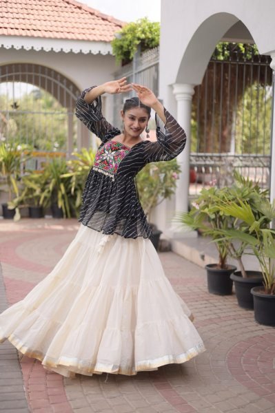Premium White Designer Navratri Kora Cotton Lehenga Choli with Black Laheriya Print Top Navratri Lehnega Choli