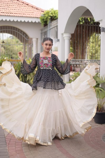 Premium White Designer Navratri Kora Cotton Lehenga Choli with Black Laheriya Print Top Navratri Lehnega Choli