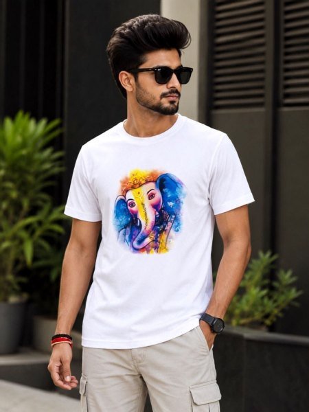 Premium White Ganpati Special Twill Cotton T Shirt with Trendy Ganesha Print 