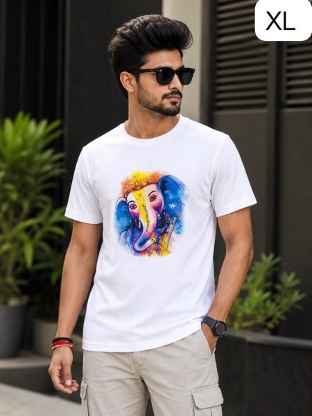 Premium White Ganpati Special Twill Cotton T Shirt with Trendy Ganesha Print Mens Shirt