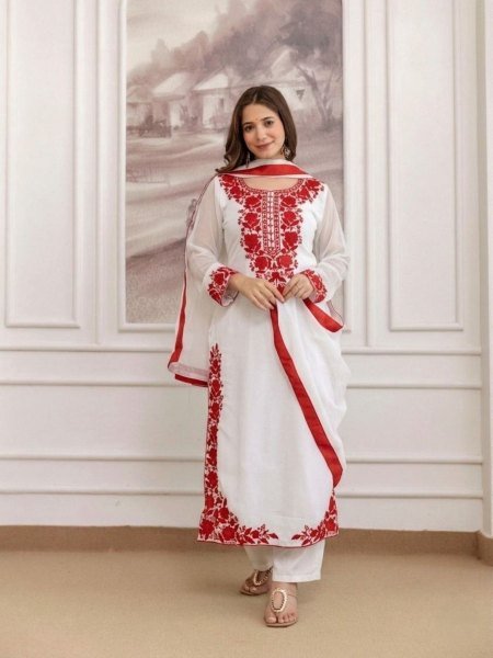Premium White Georgette Pakistani Style Long Kurti Pant Set with Georgette Dupatta and Soft Micro Inner for Women Kurtis