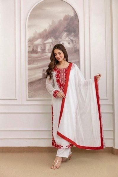 Premium White Georgette Pakistani Style Long Kurti Pant Set with Georgette Dupatta and Soft Micro Inner for Women Embroidery Kurtis 
