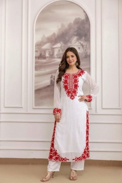 Premium White Georgette Pakistani Style Long Kurti Pant Set with Georgette Dupatta and Soft Micro Inner for Women Embroidery Kurtis 