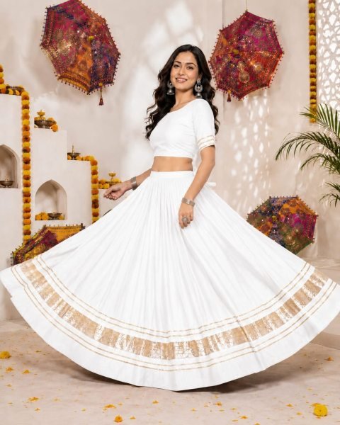 Premium White Kali Navratri Lehenga with Gold Gota Patti Work for Traditional Events Navratri Lehnega Choli