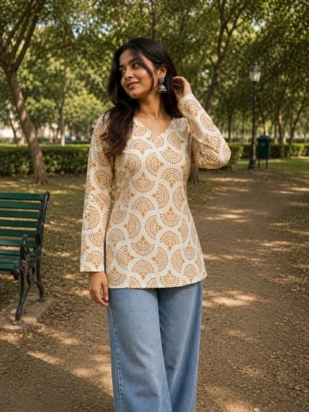Premium White Stylish Pure Cotton Ethnic Kurti With Orange Printed Design Tunics kurti