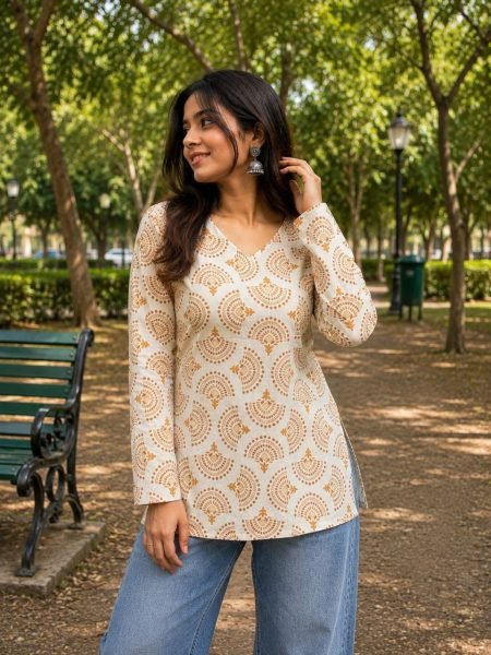 Premium White Stylish Pure Cotton Ethnic Kurti With Orange Printed Design Tunics kurti