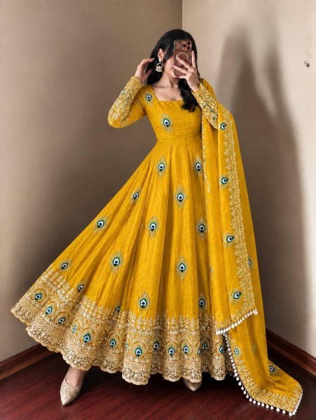 Premium Yelllow Fendy Silk Fully Stitched Gown Pant Dupatta Set for Festival Ready To Wear Collection