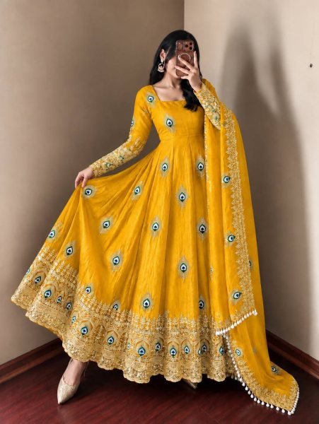 Premium Yelllow Fendy Silk Fully Stitched Gown Pant Dupatta Set for Festival Ready To Wear Collection