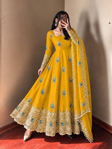 Premium Yelllow Fendy Silk Fully Stitched Gown Pant Dupatta Set for Festival Ready To Wear Collection
