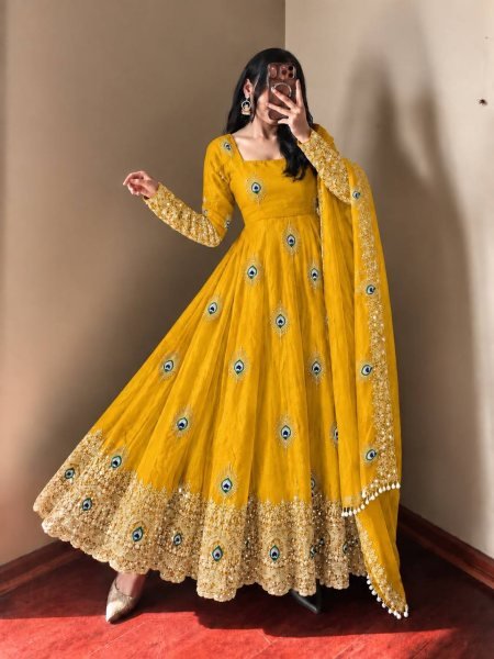 Premium Yelllow Fendy Silk Fully Stitched Gown Pant Dupatta Set for Festival Ready To Wear Collection