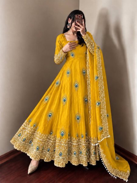 Premium Yelllow Fendy Silk Fully Stitched Gown Pant Dupatta Set for Festival Ready To Wear Collection