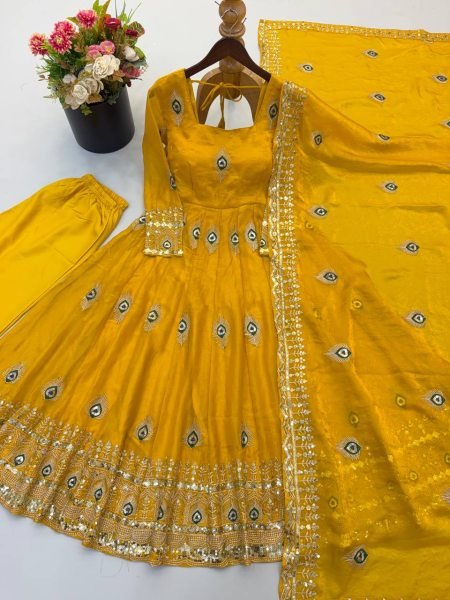 Premium Yelllow Fendy Silk Fully Stitched Gown Pant Dupatta Set for Festival Ready To Wear Collection