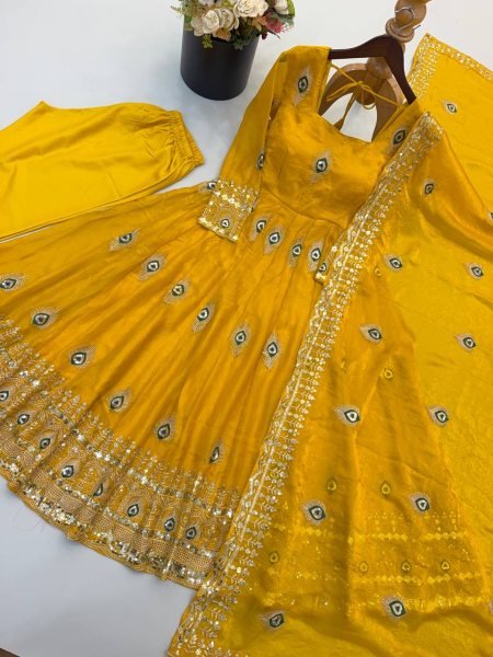 Premium Yelllow Fendy Silk Fully Stitched Gown Pant Dupatta Set for Festival Ready To Wear Collection