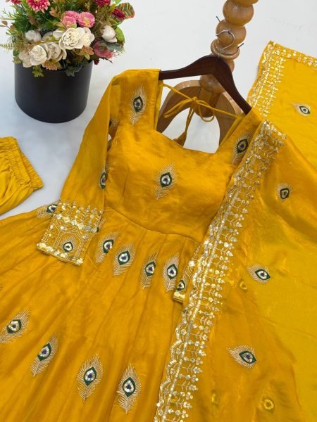 Premium Yelllow Fendy Silk Fully Stitched Gown Pant Dupatta Set for Festival Ready To Wear Collection