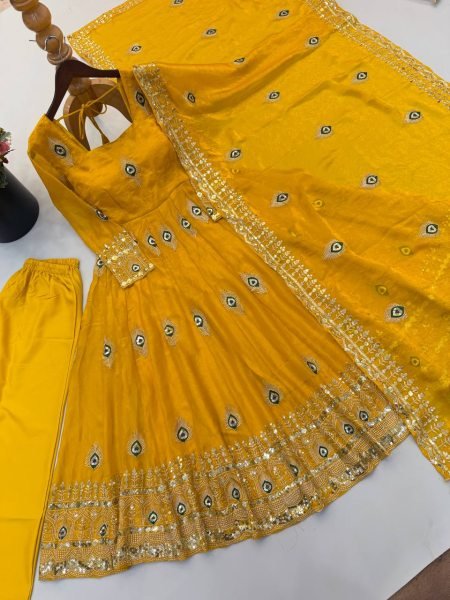 Premium Yelllow Fendy Silk Fully Stitched Gown Pant Dupatta Set for Festival Ready To Wear Collection