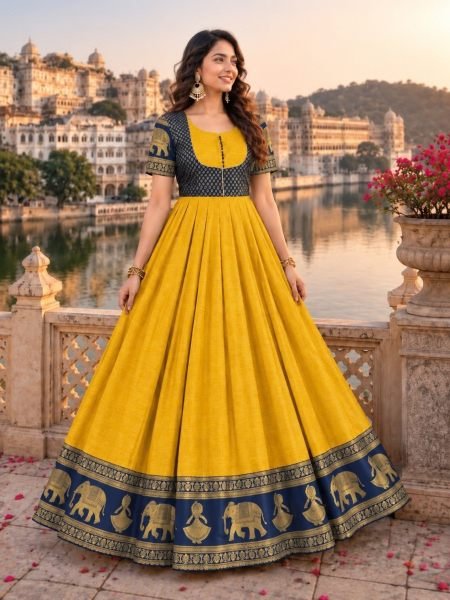 Premium Yellow Designer Chettinad Cotton Floor Length Anarkali Gown at Wholesale Rate 