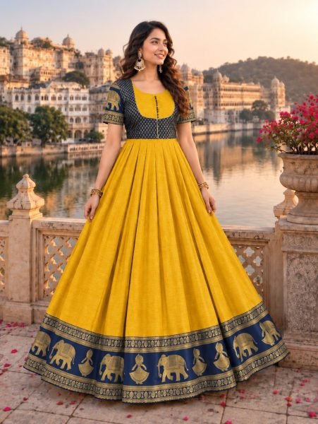 Premium Yellow Designer Chettinad Cotton Floor Length Anarkali Gown at Wholesale Rate Anarkali Kurtis 