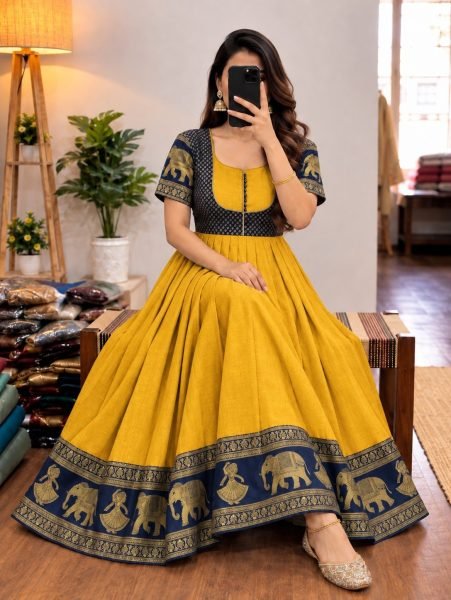 Premium Yellow Designer Chettinad Cotton Floor Length Anarkali Gown at Wholesale Rate Anarkali Kurtis 