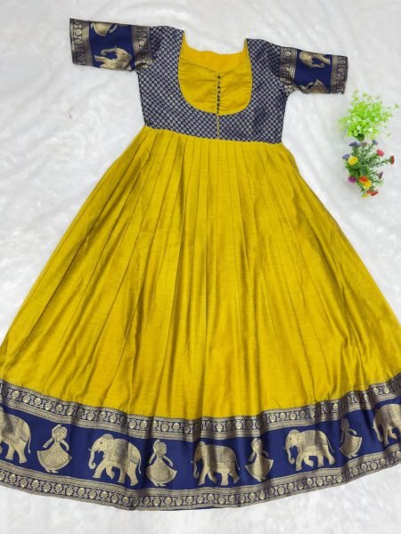 Premium Yellow Designer Chettinad Cotton Floor Length Anarkali Gown at Wholesale Rate Anarkali Kurtis 