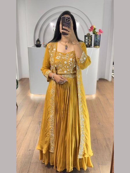 Premium Yellow Faux Georgette Blouse with Embroidered Shrug   Lehenga Set at Wedding Wear  Lehenga