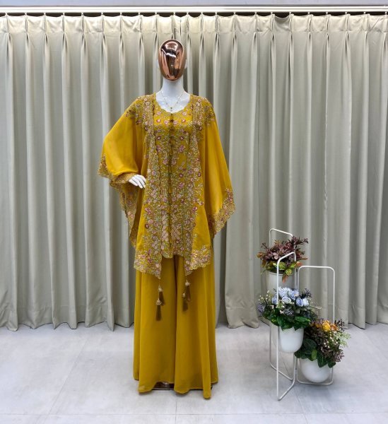 Premium Yellow Faux Georgette Ensemble with Plazzo and Shrug for Haldi Look Ready To Wear Collection