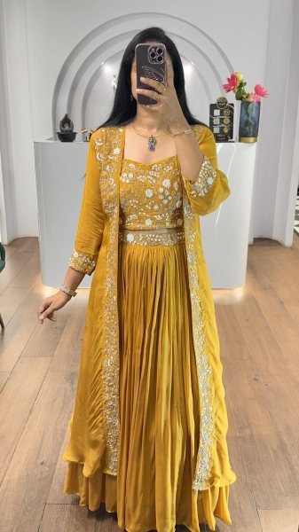 Premium Yellow Faux Georgette Blouse with Embroidered Shrug   Lehenga Set at Wedding Wear Designer Lehenga Choli