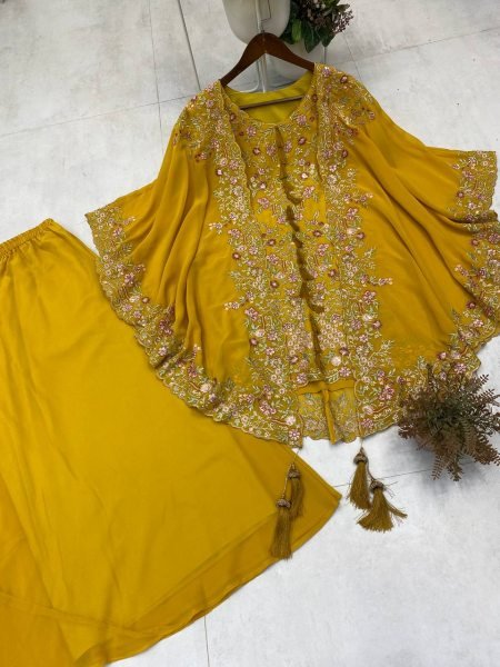 Premium Yellow Faux Georgette Ensemble with Plazzo and Shrug for Haldi Look Ready To Wear Collection