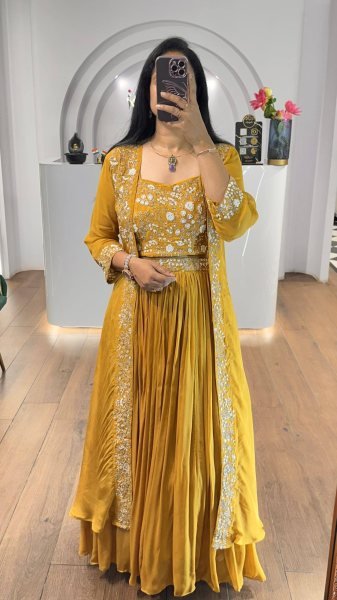 Premium Yellow Faux Georgette Blouse with Embroidered Shrug   Lehenga Set at Wedding Wear Designer Lehenga Choli