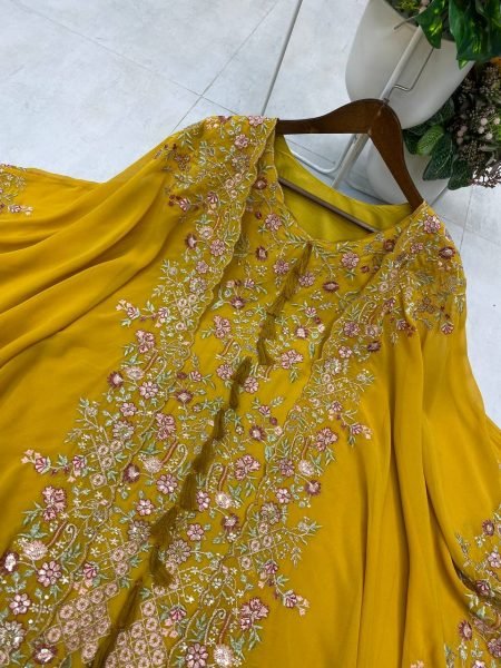 Premium Yellow Faux Georgette Ensemble with Plazzo and Shrug for Haldi Look Ready To Wear Collection