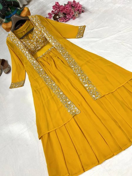 Premium Yellow Faux Georgette Blouse with Embroidered Shrug   Lehenga Set at Wedding Wear Designer Lehenga Choli
