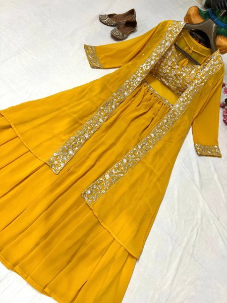 Premium Yellow Faux Georgette Blouse with Embroidered Shrug   Lehenga Set at Wedding Wear Designer Lehenga Choli