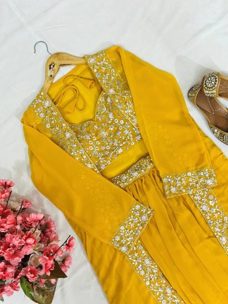 Premium Yellow Faux Georgette Blouse with Embroidered Shrug   Lehenga Set at Wedding Wear Designer Lehenga Choli