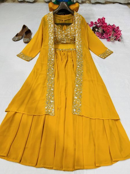 Premium Yellow Faux Georgette Blouse with Embroidered Shrug   Lehenga Set at Wedding Wear Designer Lehenga Choli