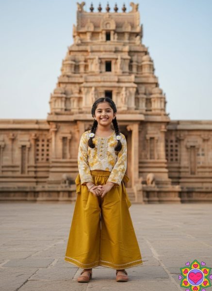 Premium Yellow Floral Printed Kids Kurti Plazzo Set For Casual Wear Girls Wear